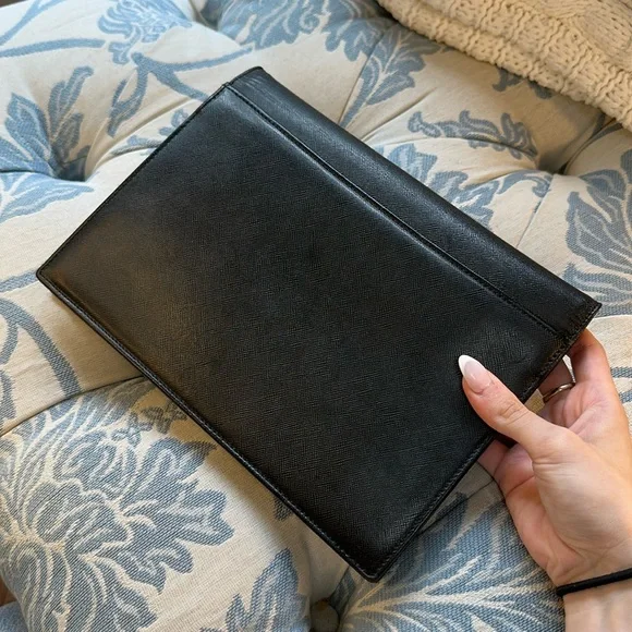 Authentic Yves Saint Laurent "YSL" Black Leather Envelope Clutch Bag W/Chain - Picture 6 of 15